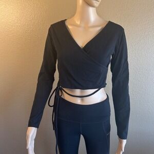 Better Be Womens Black Long Sleeve Wrap Crop Top V-Neck Side Tie Size L